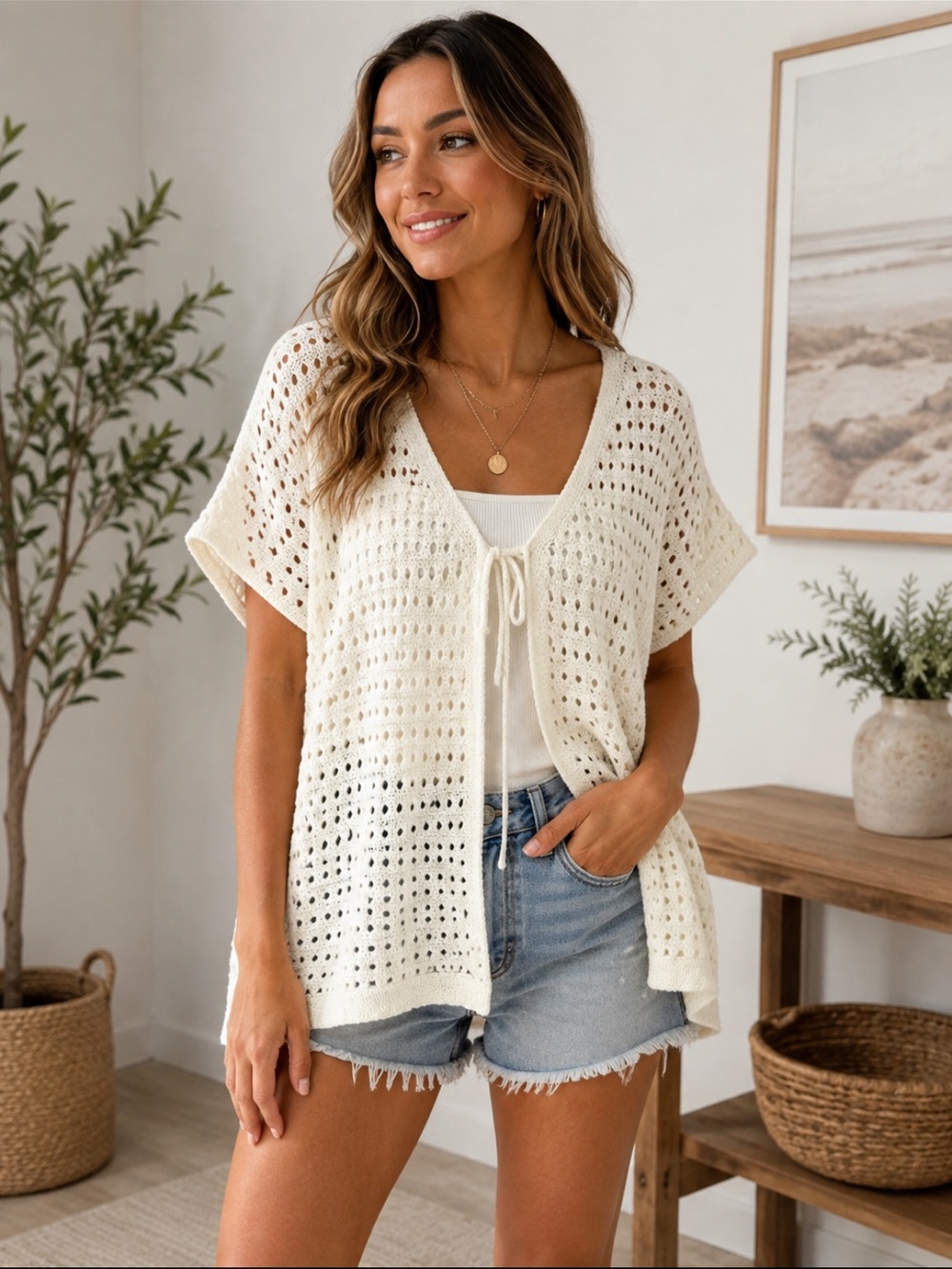 Women’s XL White Open Knit Crochet Tie Front Cardigan Beach Cover Up Boho Top